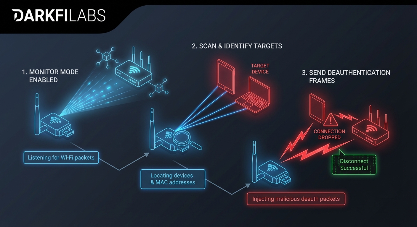 Deauthentication Attack: การตัดการเชื่อมต่อไคลเอนต์ WiFi เพื่อวัตถุประสงค์ด้านความมั่นคงปลอดภัย